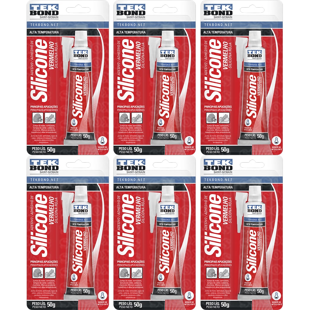 Silicone Acético Alta Temperatura 6 Unidades 50g Vermelho | Tekbond