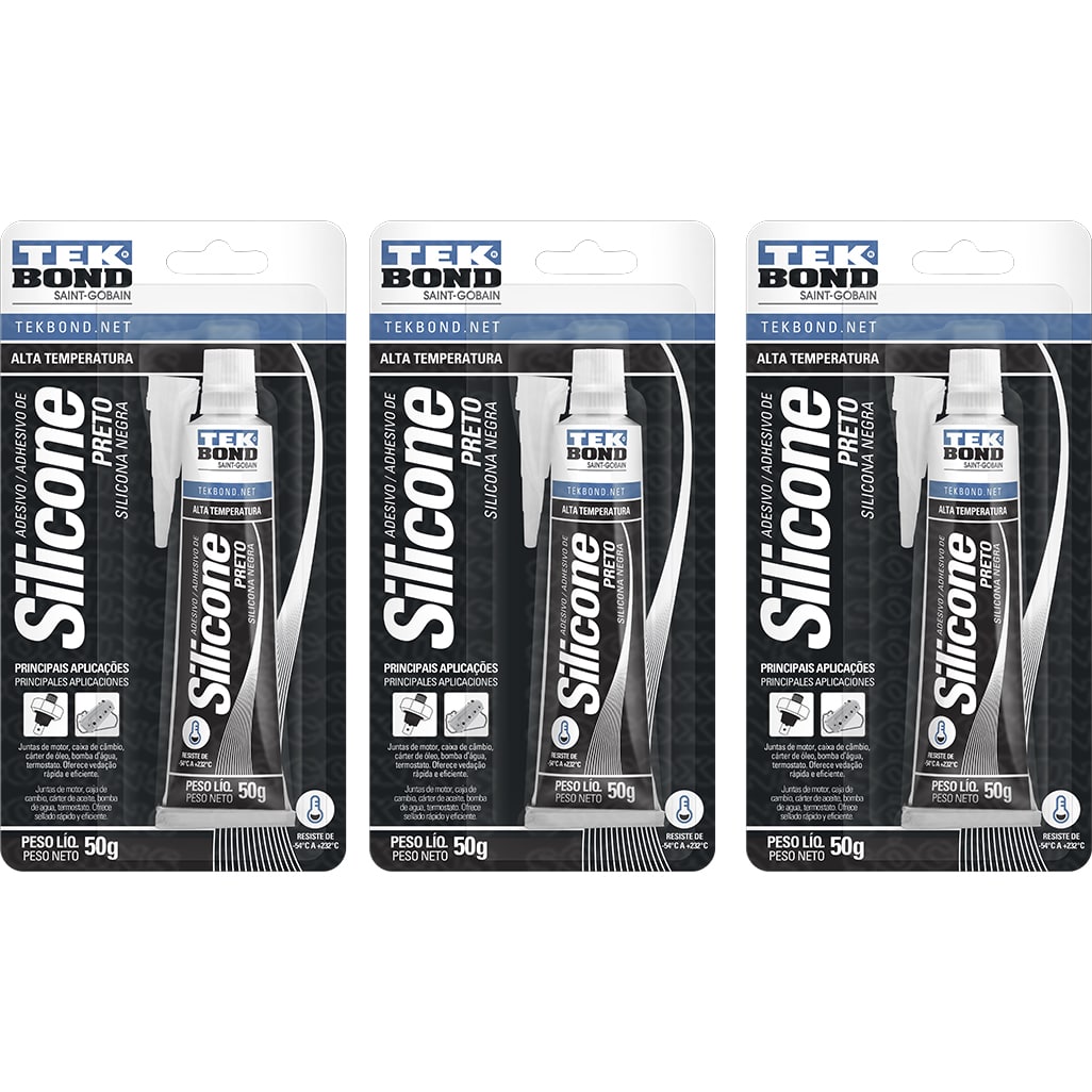 Silicone Acético Alta Temperatura 3 Unidades 50g Preto | Tekbond