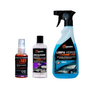 Kit Anti-Embaçante 60ml e Limpa Vidros Borrifador 500ml Cristalizador de Vidros 100ml